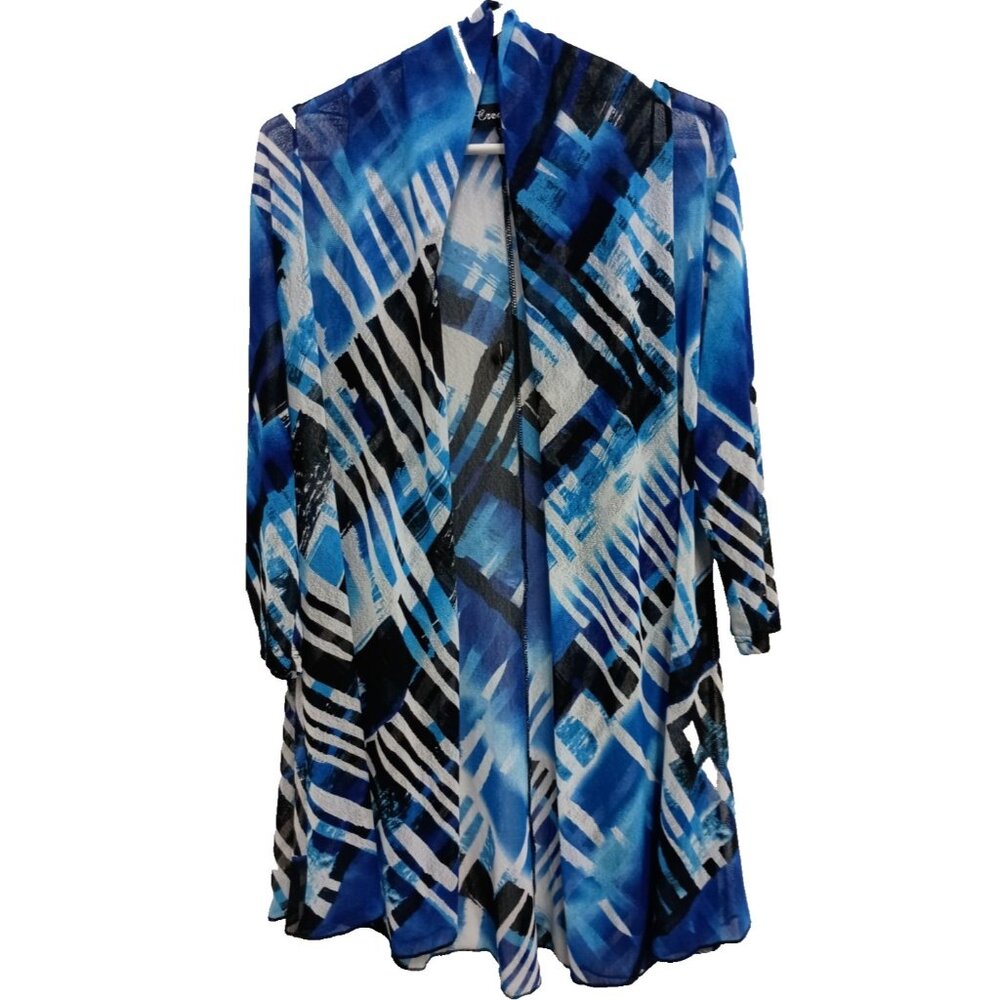 Creation Wearable Art Cardigan Womens Medium Blue Abstract Mesh Sheer LongLIne